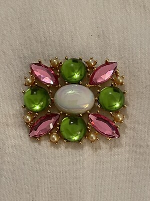 Vintage Rectangle Gold Color Brooch Pin & Pendant W/ Green, Pink, White Crystals
