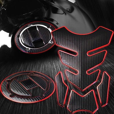 4PC Chromed Red+Perforated Black Tank Pad+Fuel Cap Cover 04-23 GSXR-600/750/1000