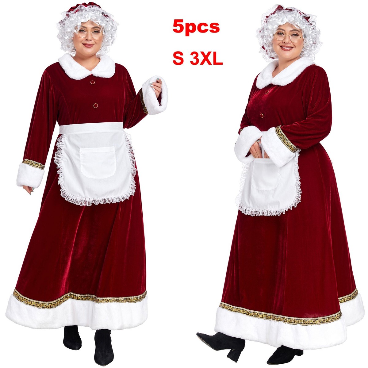 black mrs claus dress Womes Santa Party Christmas Faux Fur Trim Dress Costume Xmas Size:50 Regular Jacket+44 Waist Adjust 40to46)Height: 5'7