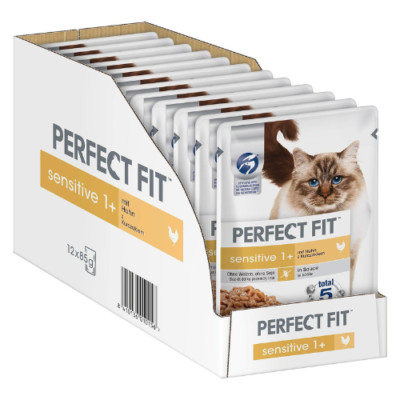 12x85 g PERFECT FIT Sensitive 1+Katzennassfutter mit Huhn in Soße adulte Katzen