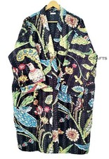 women winter wear Peacock Print Black Indian cotton kantha mid length Jacket