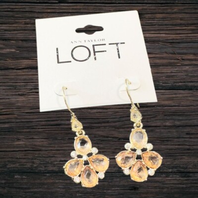 Ann Taylor Loft Teardrop Peach Crystal Dangle Earrings New Old Stock