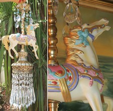 Golden porcelain jeweled Horse Carousel SWAG Lamp spelter brass Vintage Chandeli