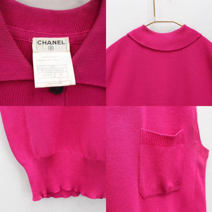 CHANEL 100% Silk Sleeveless Polo Shirt Tops Women 42 Pink