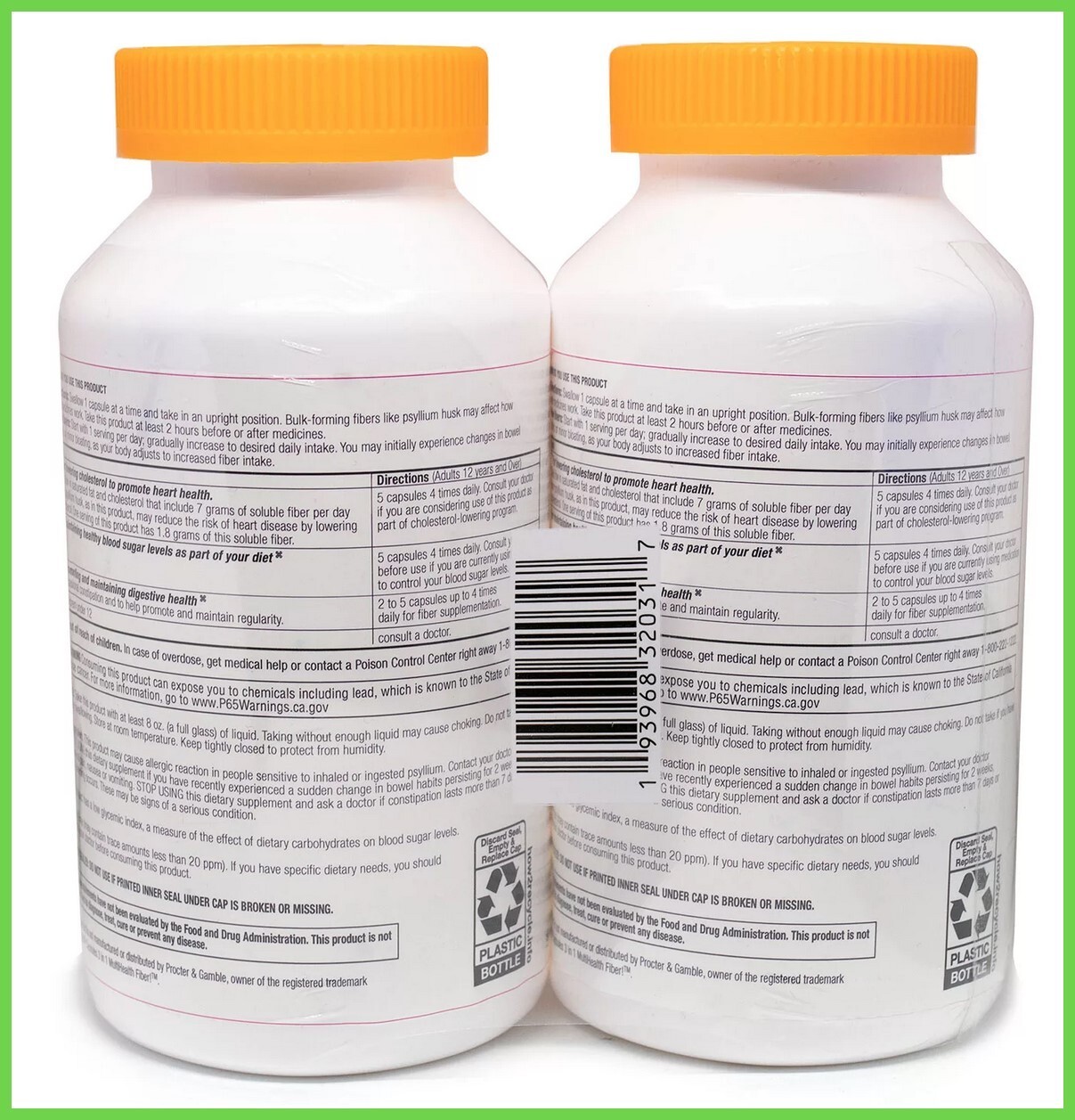 Member's Mark 100% Psyllium Fiber – 400 Capsules, Gluten Free, Digestive Support, USA Made