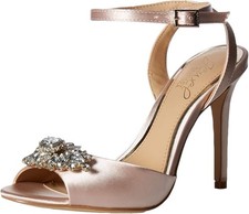 Jewel Badgley Mischka Hayden Crystal Embellished Peep Toe Satin Sandals size 6.5