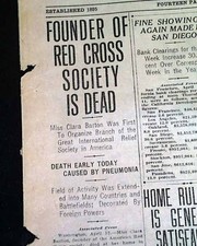 CLARA BARTON American Red Cross Founder & Pioneeriing Nurse DEATH 1912 Newspaper