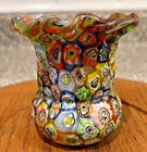 Vtg Millefiori Venetian Murano Colorful Art Glass Ruffled Toothpick Holder~Vase