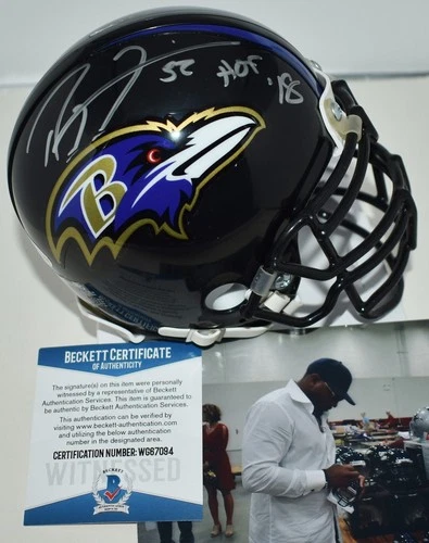 RAY LEWIS SIGNED CUSTOM FACE MASK MINI HELMET BALTIMORE RAVENS HOF 18 BECKETT