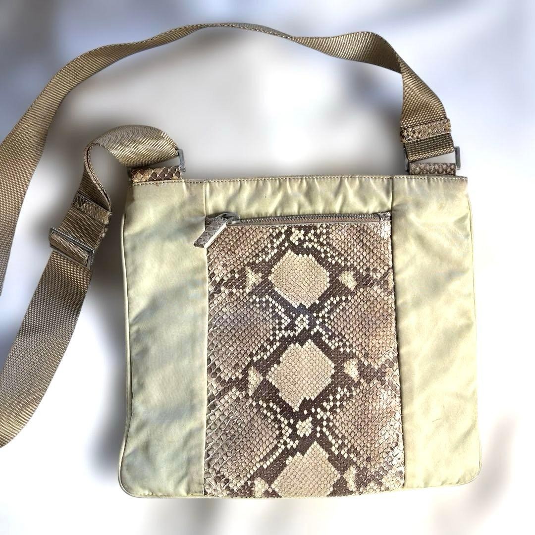 PRADA Python Nylon Shoulder Bag Beige Used Adjust… - image 1