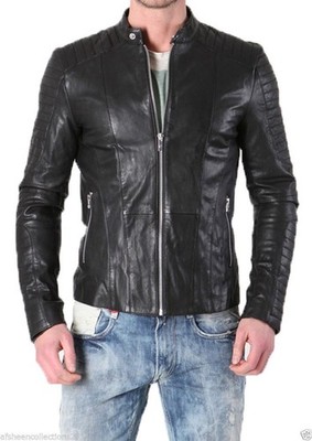 Leather Jacket Mens Biker Motorcycle Style Men Genuine Real Racer Soft Black 6
