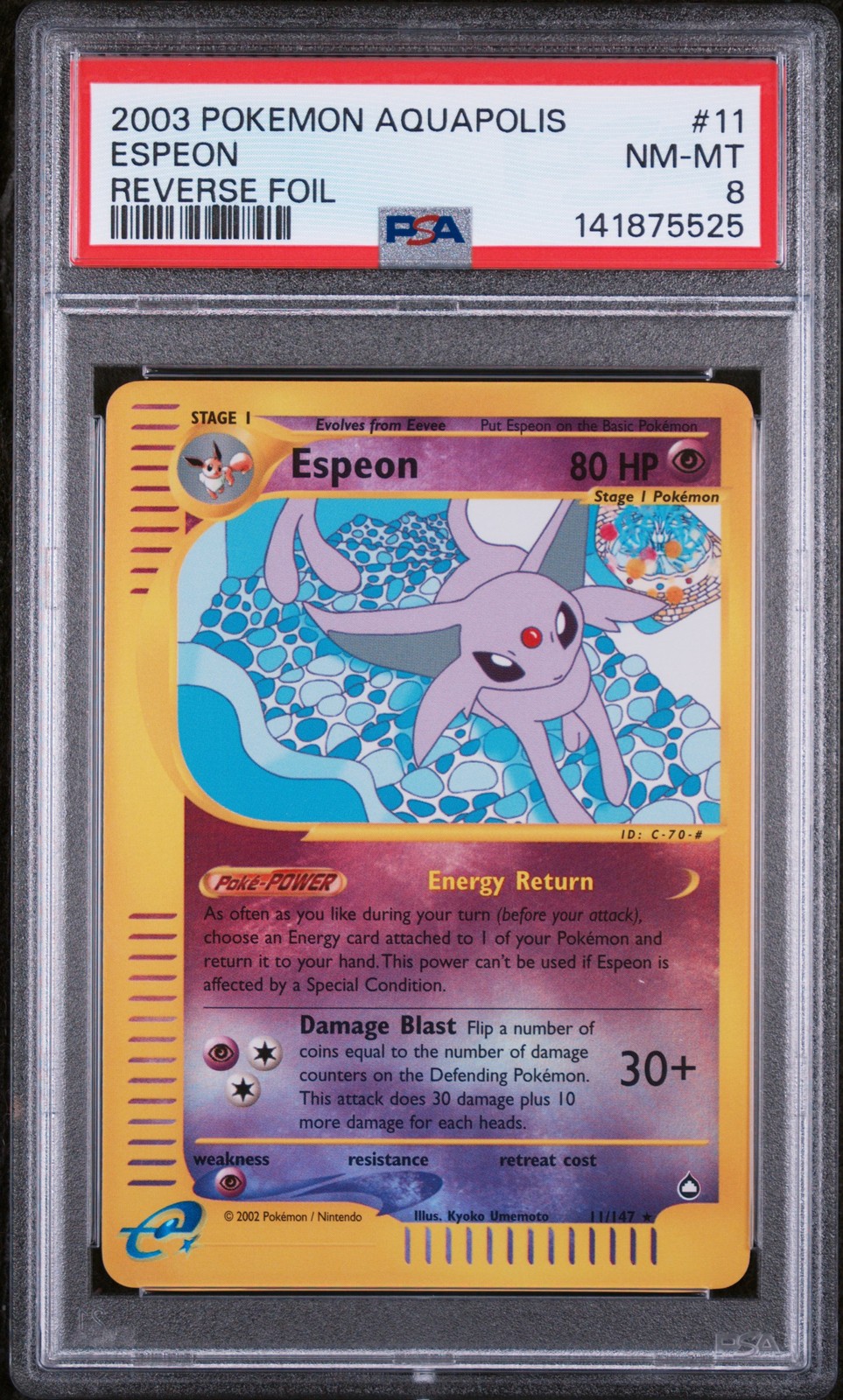 2003 POKEMON AQUAPOLIS #11 ESPEON-REVERSE FOIL PSA 8