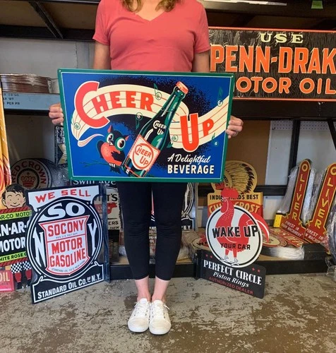 Antique Vintage Old Style Sign Cheer Up Soda Beverage Made USA