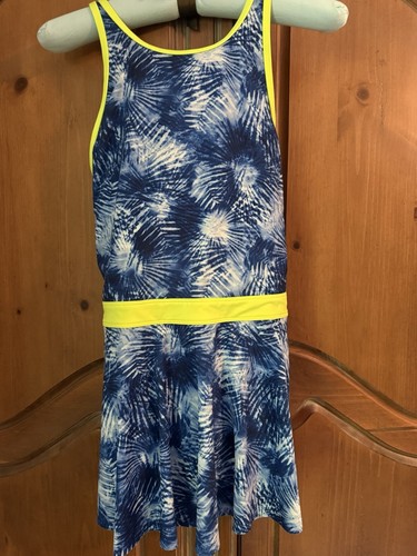 Lands' End Girls Swim Dress Size 16+ Blue Palm With Bright Yellow Accents