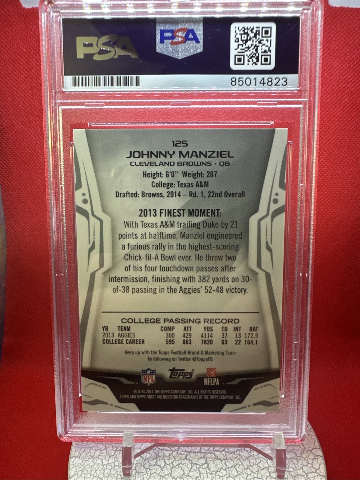 2014 Topps Finest Johnny Manziel PSA SLAB AUTH Autograph W/ Johnny Football INSC view 2