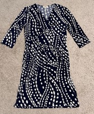 Talbots Petite Dress 14P Blue White Spots Crossover 3/4 Sleeve Stretch Polyester