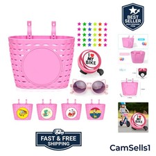Complete Kids Bike Basket Set: Stylish Pink Basket, Bell, Sunglasses  Stickers