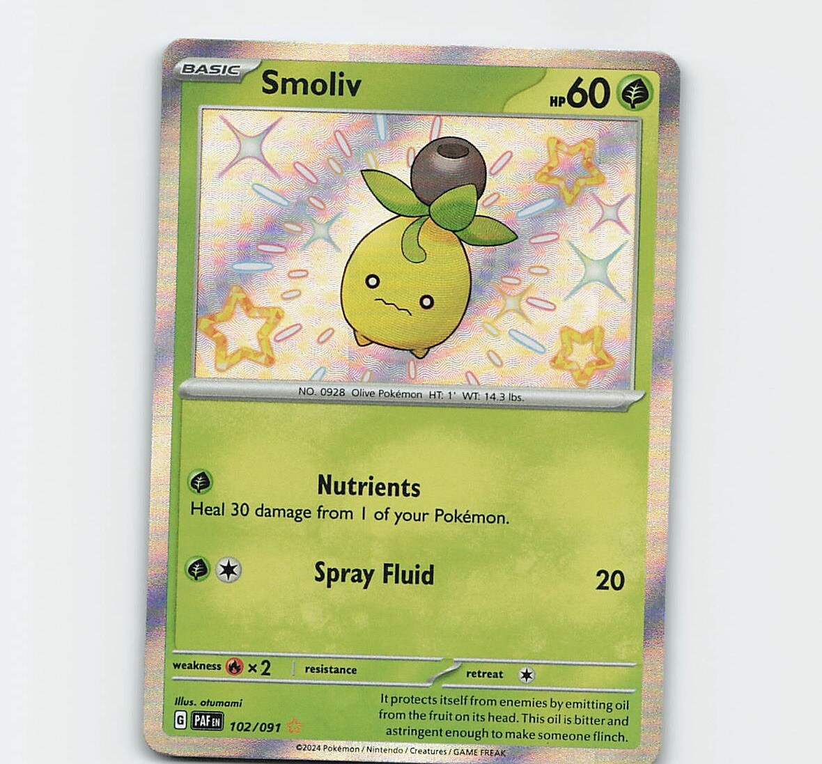 Pokémon Card TCG - Smoliv 102/091 - Paldean Fates - Baby Shiny Rare - NM ⭐