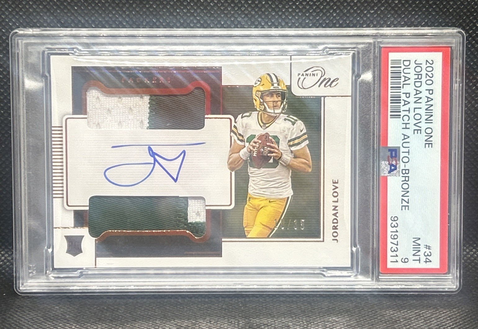 2020 Panini One Jordan Love Dual Rookie Patch Auto Bronze RC PSA 9 JERSEY# 10/35
