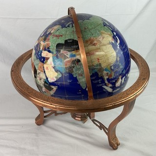 Gemstone Inlay World Globe On Copper Tone Stand CP#8700