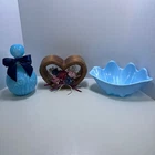 Vintage Avon Blue Milk Glass Perfume Bottle Shell Dish Wooden Heart Decor Set