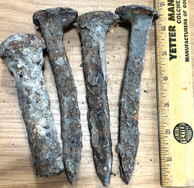 Antique CP&E Railroad Bolt and 3 SPIKES - Very old distressed Rusty Crusty Metal