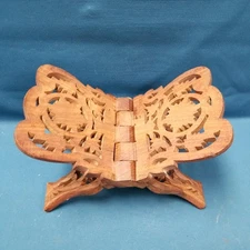 Vtg India Hand Carved Wooden Floral Folding Book Folder Stand 