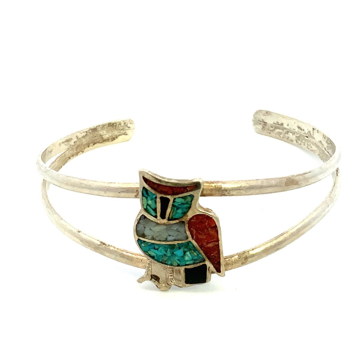 Detailed Vintage Native American Navajo Turquoise Coral Owl Sterling Silver Bracelet Detailed Vintage Native American Navajo Turquoise Coral Owl Sterling Silver Bracelet