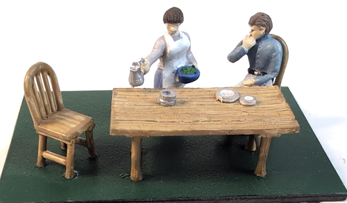 RUSTIC RAILS HO Scale- MAN & WOMAN AT TABLE #HOC2000 - 22mm Painted White Metal