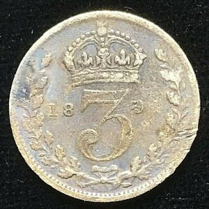 1894 Queen Victoria British Silver Threepence Coin 3 Three Pence Great Britain