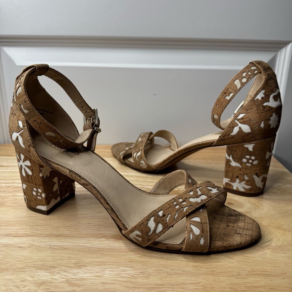 Coach Beige Cork & White Floral Cut-Out Open-Toe Block High Heel Sandals Sz 9.5