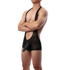 Men Bodysuit Leotard Lace Underwear Trunks See-through One-piece Elephant nose