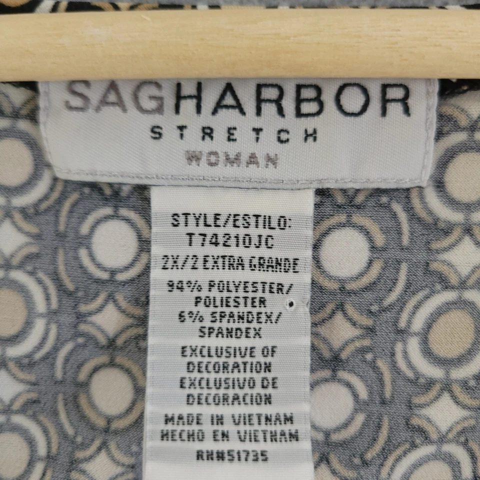 Blusa Camisa Sag Harbor Top Mujer 2X Negra Blanca Marrón Elastizada Envolvente Estampada Foto 3 de 4