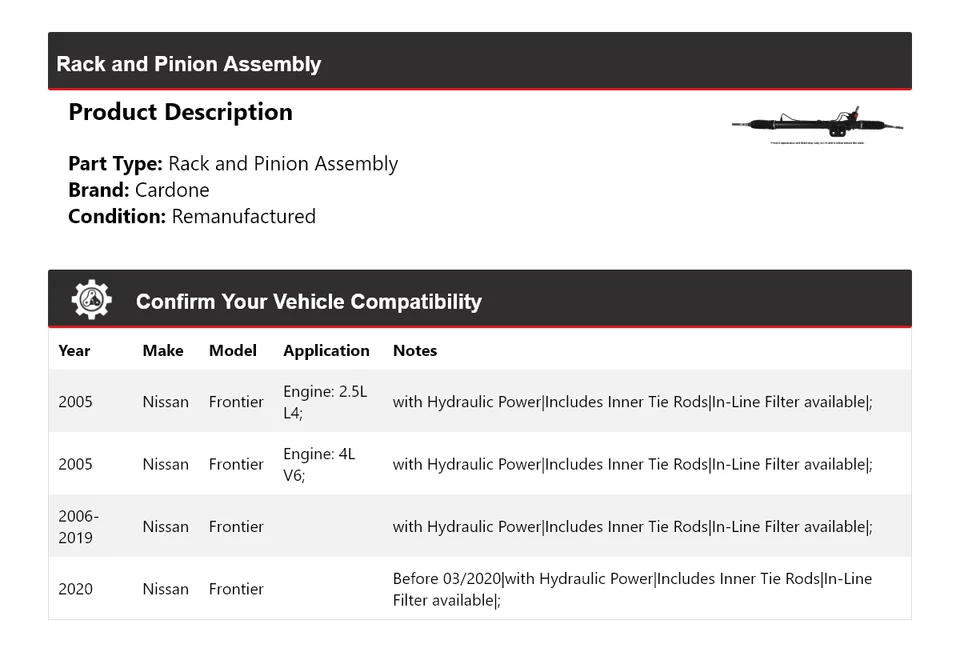 Стойка и шестерня в сборе Cardone для Nissan Frontier 2005-2020 годов выпуска 2006 2007 2008 годов выпуска - Изображение 2 из 4