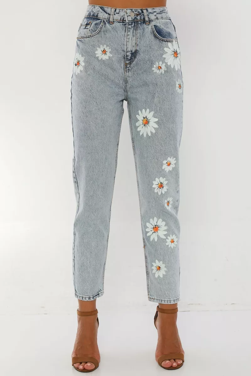 Women's Blue High Waist Floral Custom Hand Painted Mom Jeans Denim Pants