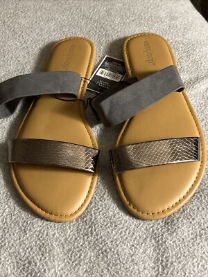 West Loop Double Strap Slip On Sandals Slides Women s M 7/8 Gold/Gray