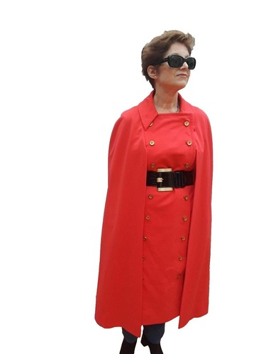 Vtg Military Style DRESS & Cape Orange Red Gold Button M Melania Trump LOOK