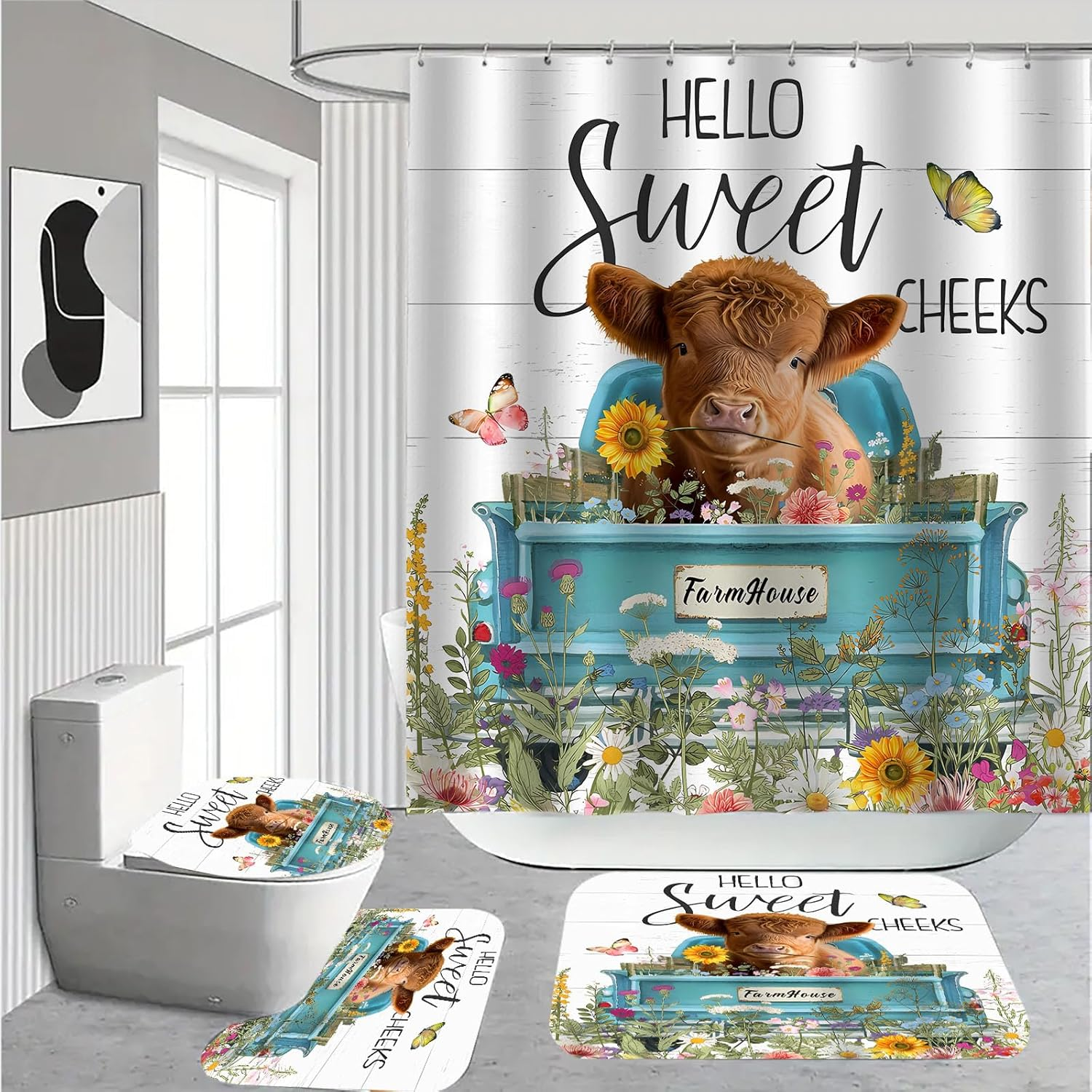 Cow Shower Curtain 4PCS Set Western Farmhouse Funny Highland Cow Get Animal Prin