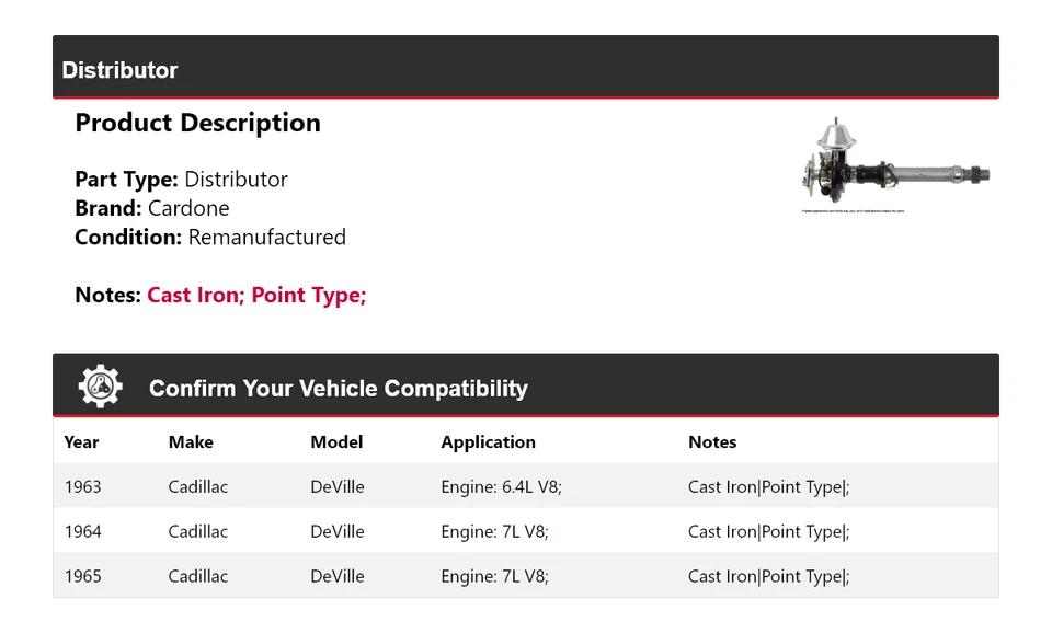 Para Cadillac DeVille 1963-1965 distribuidor Cardone 1964 Foto 2 de 4