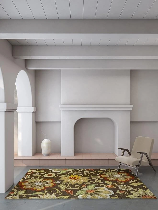 Rugs Soft Hand Tufted Floral 5 x 8 Feet Rug| Beige & Brown Handmade Wool Carpet