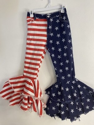 Boutique Denim Jeans Double Bell Bottom Flag Print Size 8 Girls