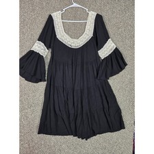 My Story Tiered Mini Dress Womens Small Black Crochet Lace Bell Sleeve Boho