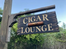 Cigar Lounge Whiskey Bar Bourbon Wood Wall Sign Carved 2 Sided With Bracket