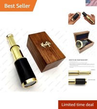 Elegant Brass Spyglass Telescope with Black Leather Case  Wood Box - 2x Zoom