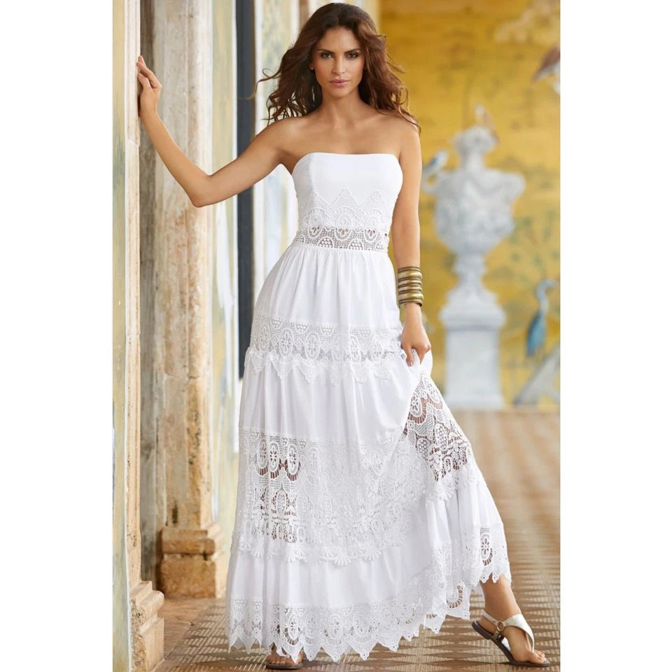Maxi Vestido Boston Proper Blanco Popelina Encaje Sin Tirantes Talla 10 Foto 2 de 4