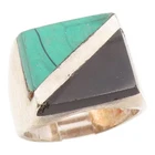 925 Sterling Silver Vintage Ring MEXICO Onyx & Turquoise Inlay  Sz 10  RG35548
