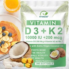 Microingredients Vitamin D3 10000 iu K2 (MK-7) 200 mcg, 300 Coconut Oil Softgels