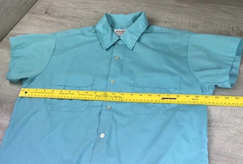 Vintage Windsor Shirt Blue Teal Shortsleeved Collared 50s 60s Made