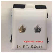 14k Yellow/White Gold Princess Crown Cubic CZ Children Screwback Stud earings