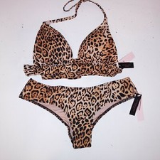 Victoria Secret Swim Bikini XS Top  Bottom Triangle Padded Halter Leopard Print